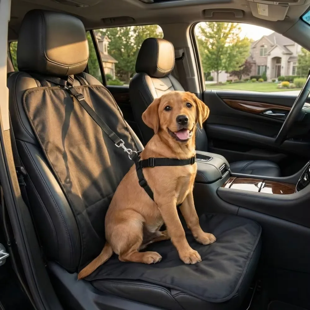 Dog on a dark seat protector covering a vehicle seat