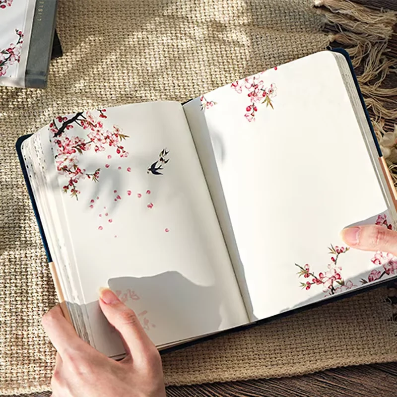 Open journal showing writing pages and floral artwork