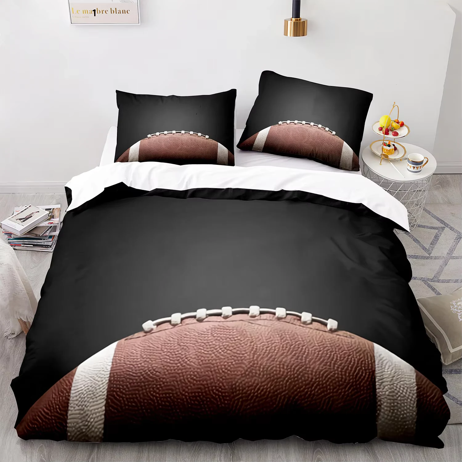 Close-up football with electric light effects on bedding