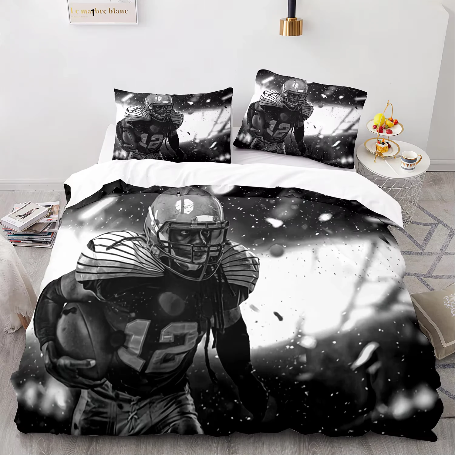 Black and white football player bedding design