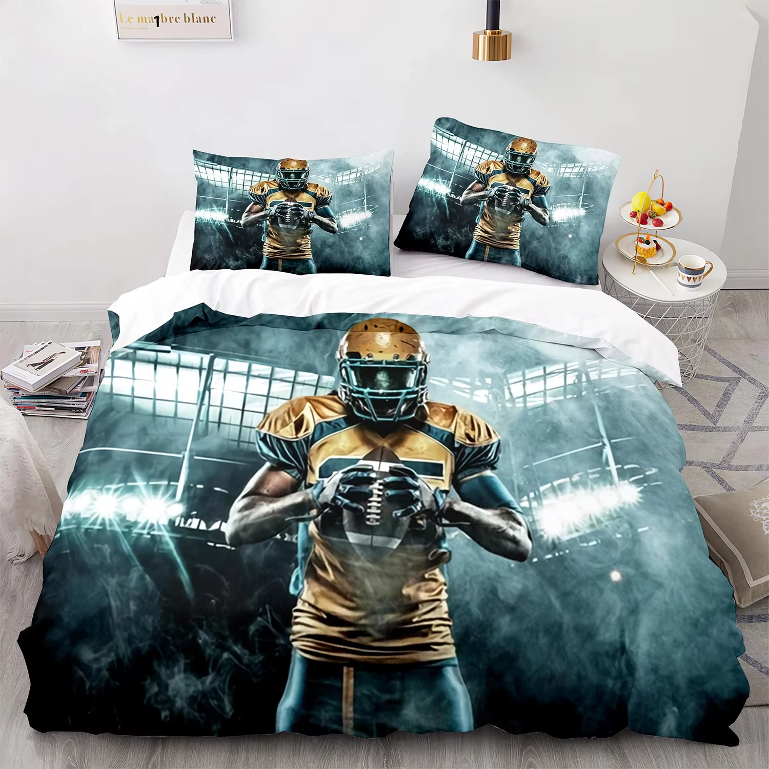 American football player themed bedding set shown in the seller photo